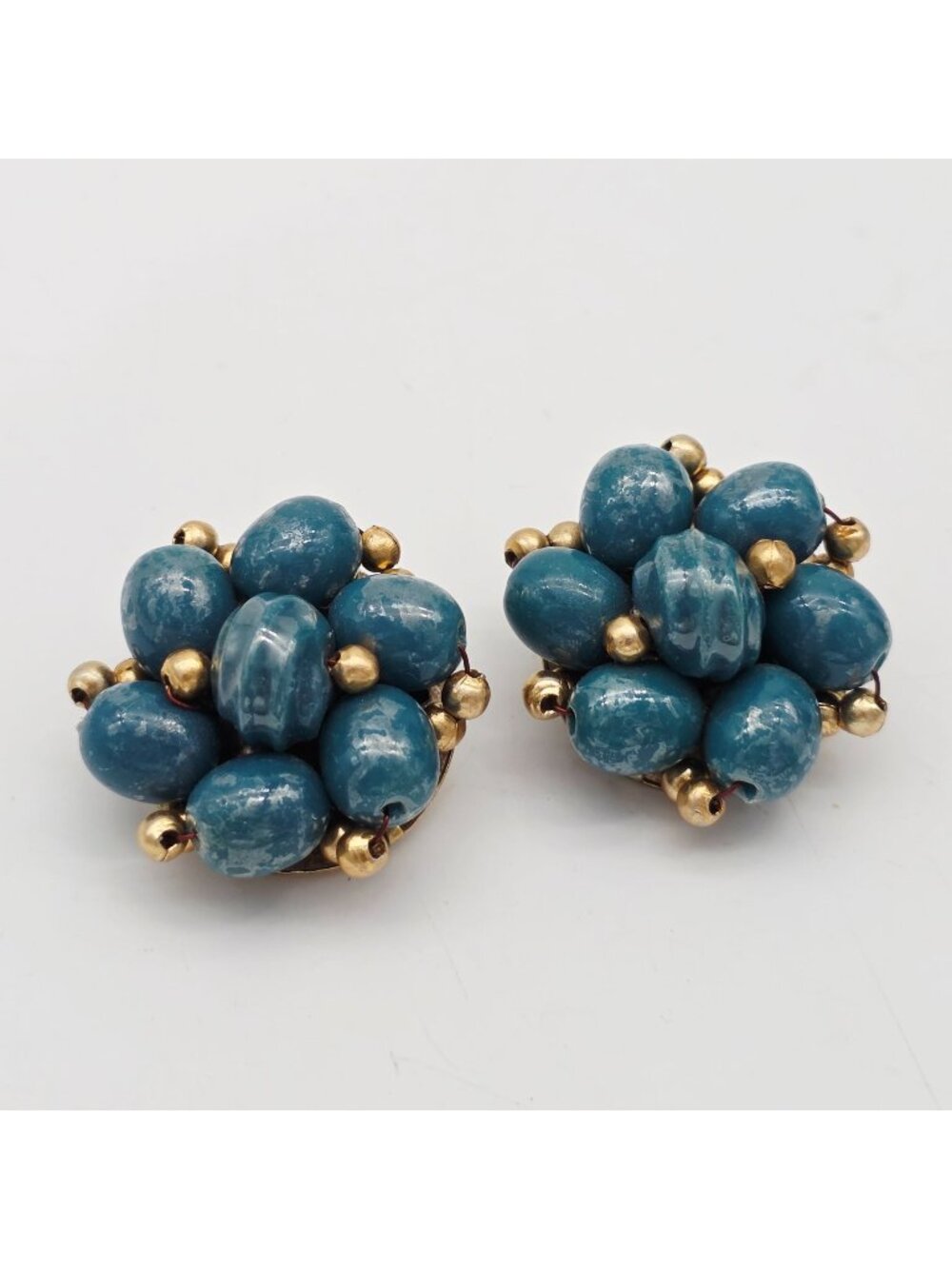 Vintage Blue Beaded Clip-On Earrings Gold-Tone Hong Kong